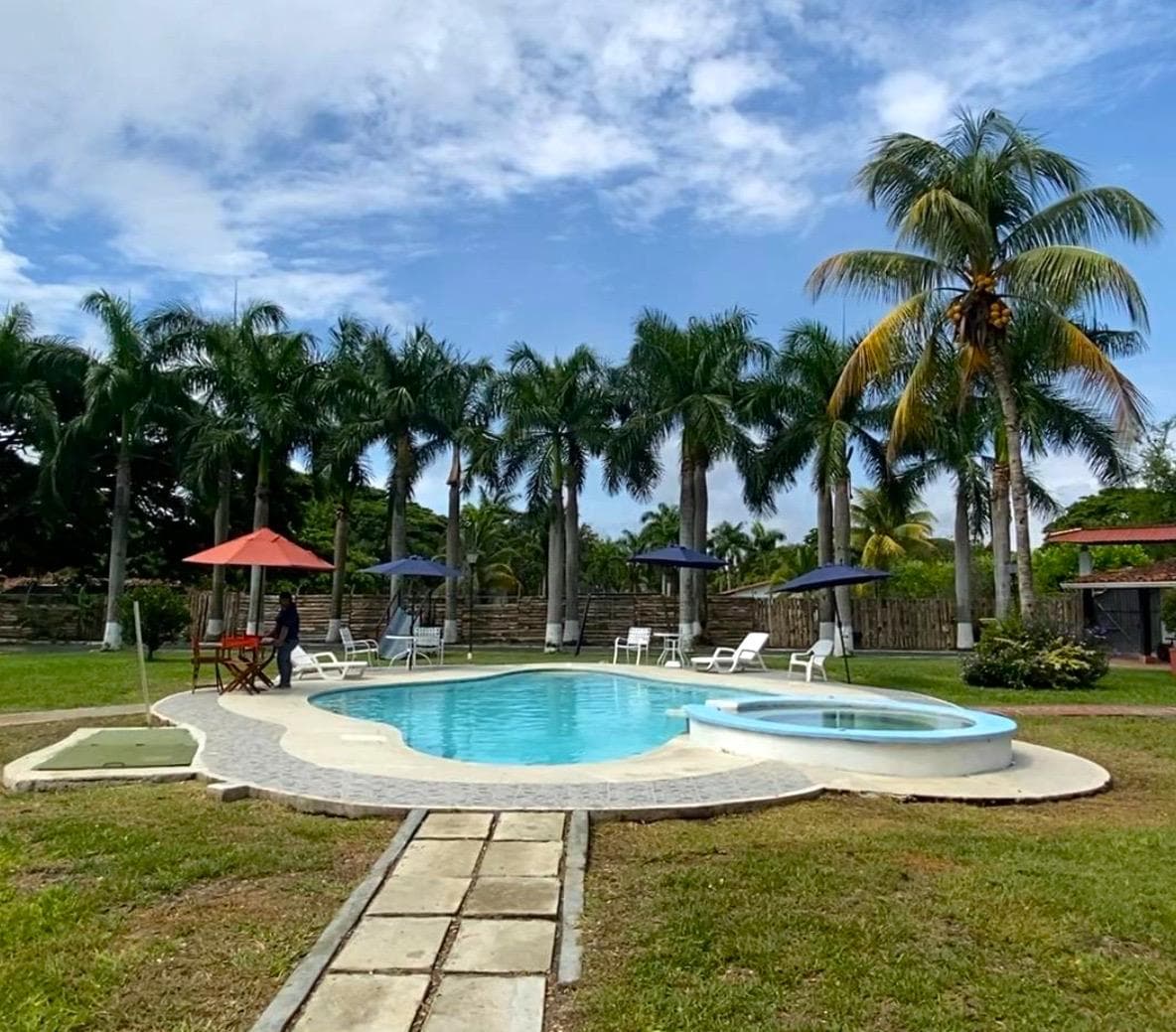Piscina y palmeras de una finca grande en Matapalo